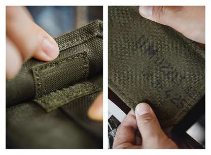 Detailed close-ups of Velcro closure and military-style stencil print