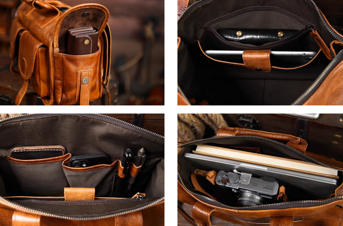 Inside compartments of camel brown full-grain leather weekender bag showing laptop and accessories