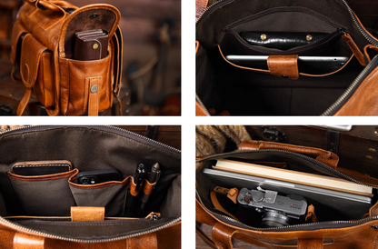 Inside compartments of camel brown full-grain leather weekender bag showing laptop and accessories