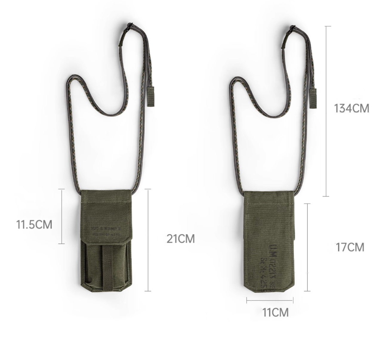 Product dimension chart showing pouch height, width, and strap length