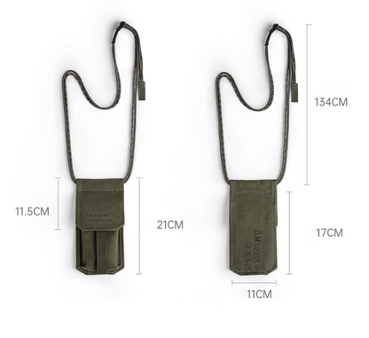 Product dimension chart showing pouch height, width, and strap length