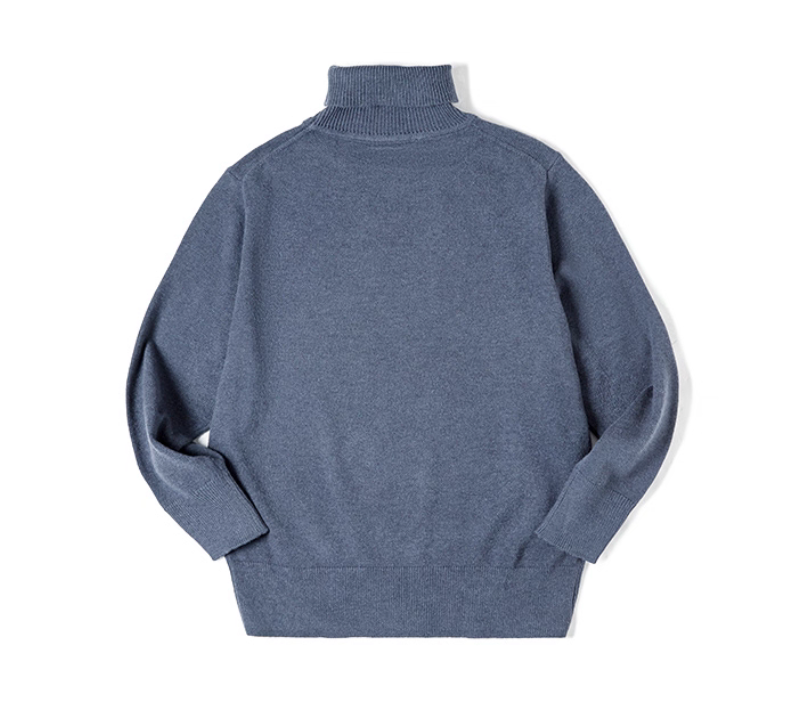 Dusty blue turtleneck sweater flat lay showing soft knit texture