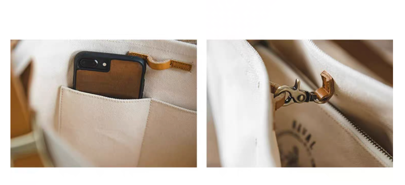 Interior pocket layout showing phone slot and brass hook hardware