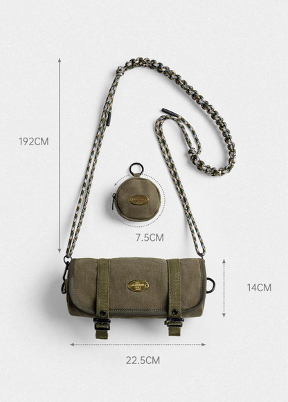 Product dimension chart showing bag size, strap length, and coin pouch diameter
