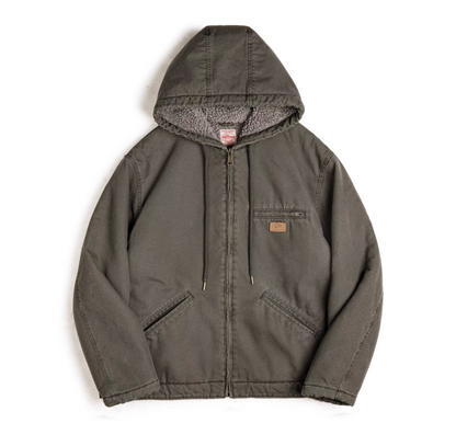 Dark green sherpa-lined hooded canvas jacket laid flat, front view