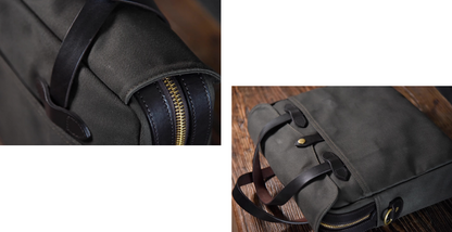 Close-up of charcoal waxed canvas briefcase zipper and leather detail