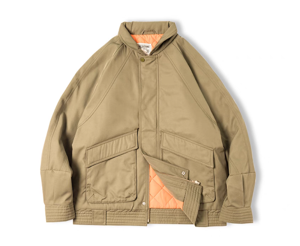 Khaki Flight Jacket 074 front view showing quilted orange lining