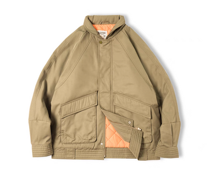 Khaki Flight Jacket 074 front view showing quilted orange lining