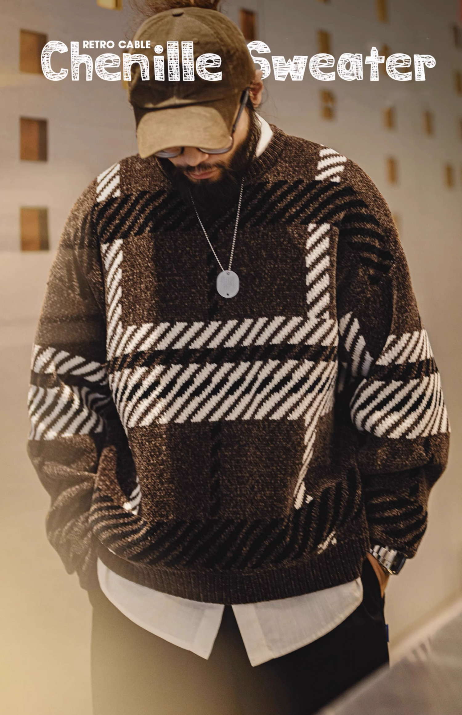 Men’s brown plaid chenille sweater styled with white shirt and cap