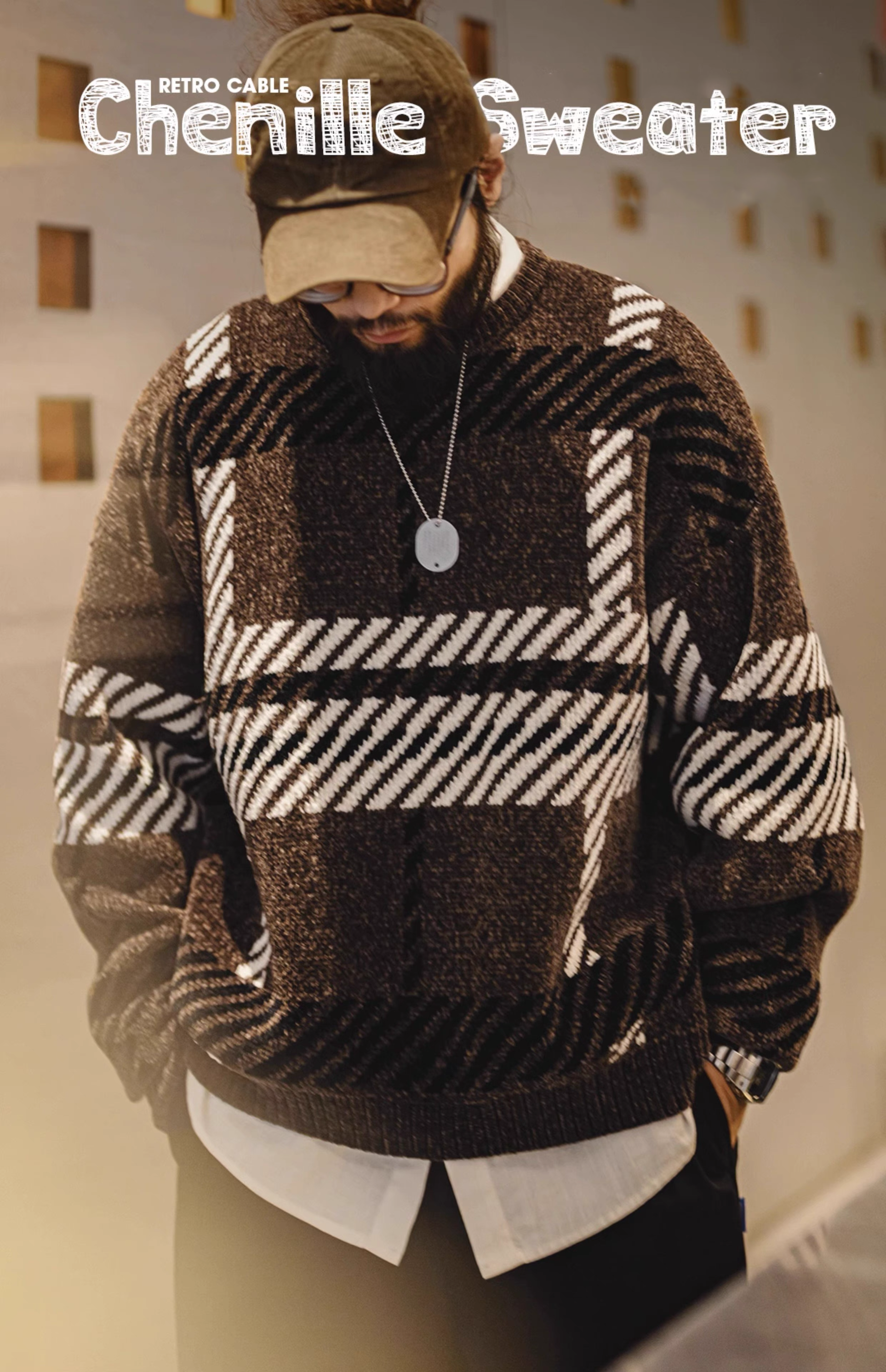 Men’s brown plaid chenille sweater styled with white shirt and cap