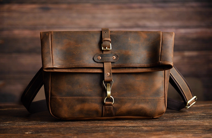 Front view of coffee brown version showing signature brass hook closure