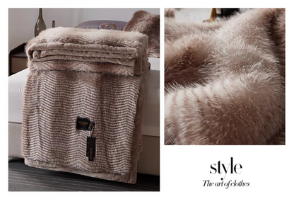 Patterned Coffee faux fur luxe throw collage with folded view and close-up of rich plush striped fibers