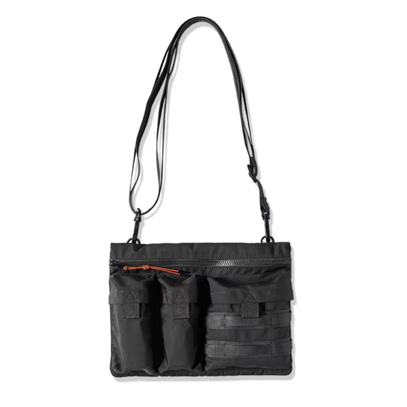 Black men’s functional crossbody bag front view with strap and pocket compartments