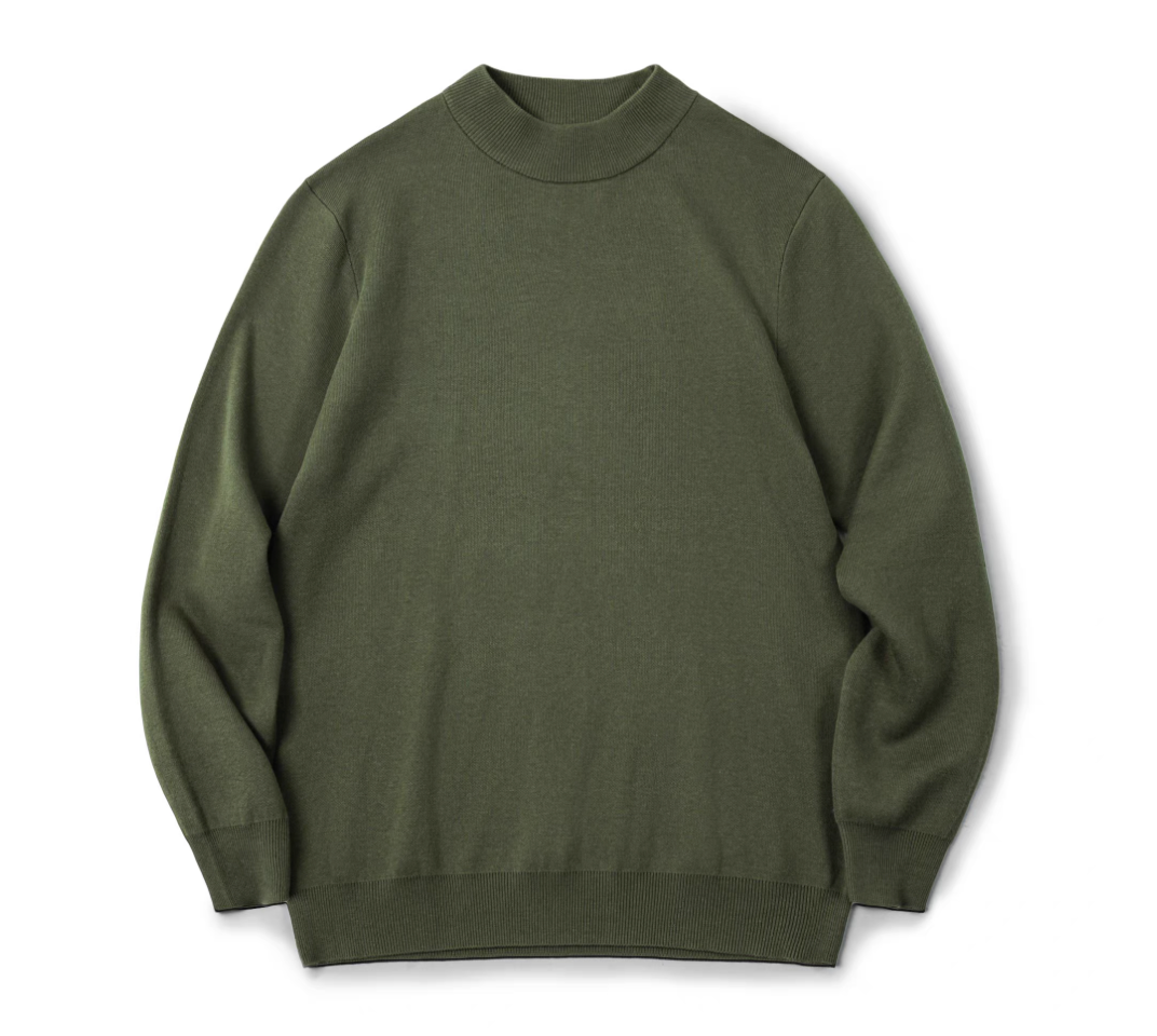 Army green men’s half-turtleneck sweater flat lay front view