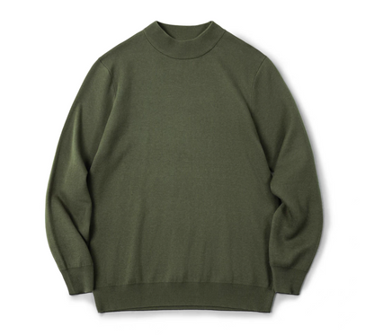 Army green men’s half-turtleneck sweater flat lay front view