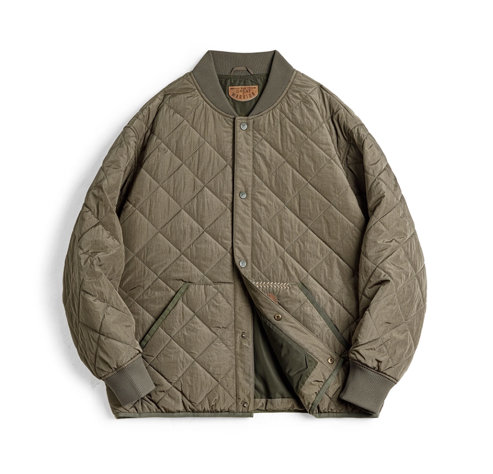 Army green men’s quilted bomber jacket front view