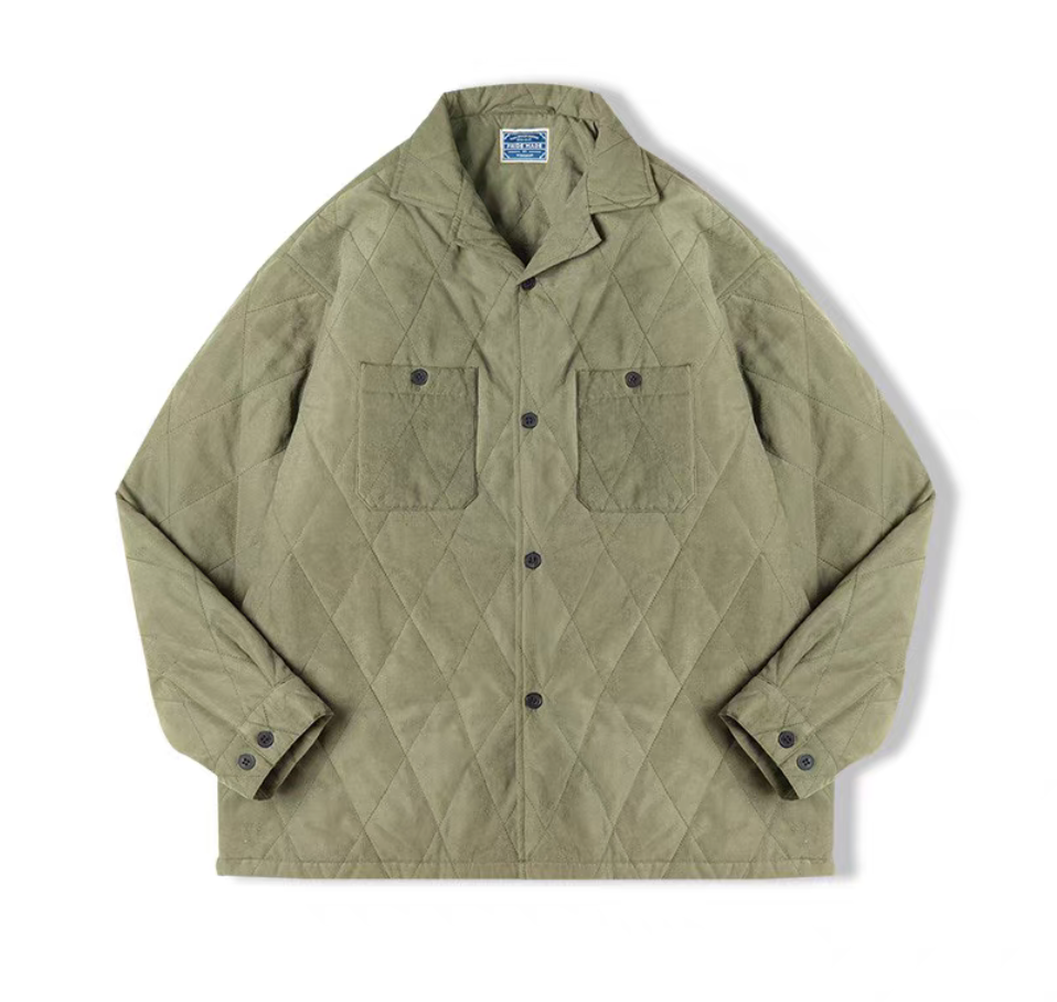 Army green men’s quilted peach-skin jacket front view