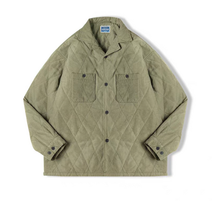 Army green men’s quilted peach-skin jacket front view