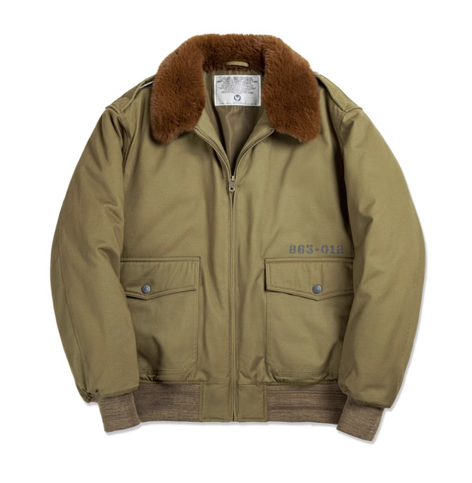 Flat front view of olive-green B-10 cotton flight jacket with faux-fur collar and flap pockets.