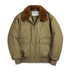 Flat front view of olive-green B-10 cotton flight jacket with faux-fur collar and flap pockets.