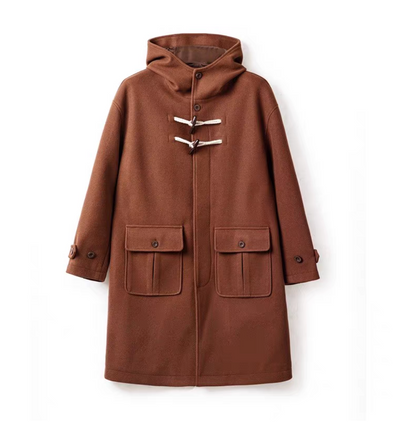 Chestnut brown men’s hooded toggle duffle coat front view