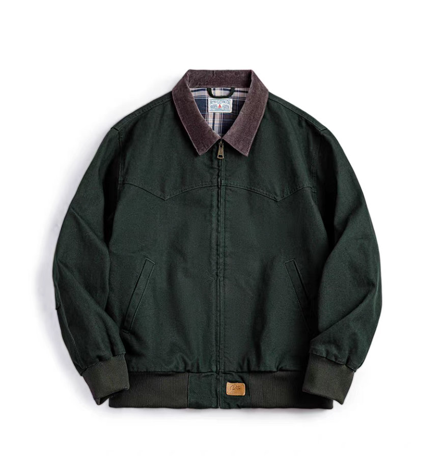Dark green Santafe workwear canvas jacket front view with corduroy collar.