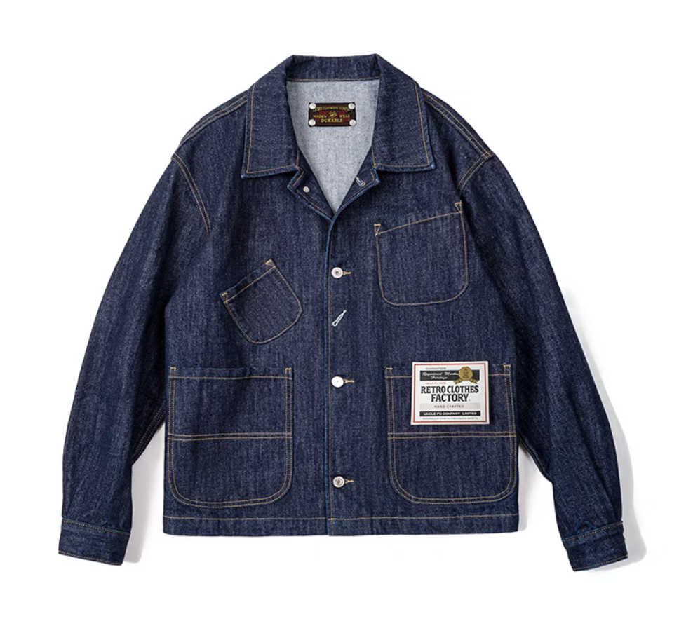 Denim 4-Pockets Work Coat flat lay showing asymmetrical utility pockets