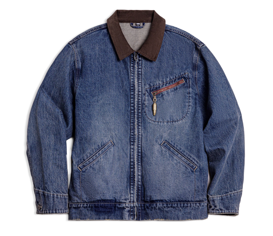 Faded denim Detroit workwear jacket flat lay with corduroy collar and brass zipper pull