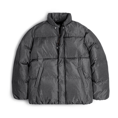 Dual-Tone Down Jacket in grey shown flat with stand collar and matte texture finish