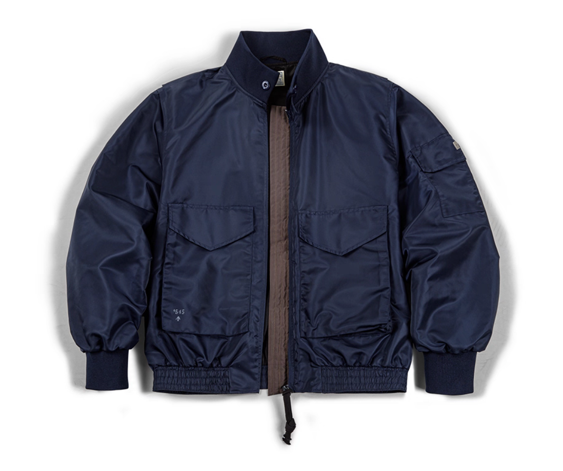 Flat front view of the G-8 Navy Flight Jacket showing ribbed collar, flap chest pockets, and elastic hem.