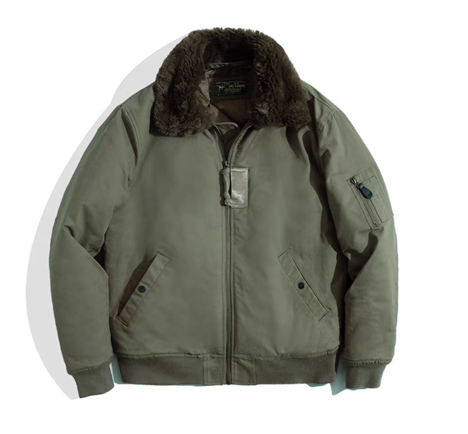 Army green B-15 flight jacket front view with faux fur collar