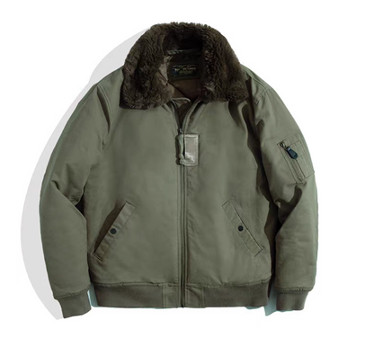 Army green B-15 flight jacket front view with faux fur collar
