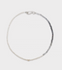 Harmony pearl and gem necklace flat lay featuring freshwater pearls on one side and blue gray natural stone beads on the other with a central pearl accent