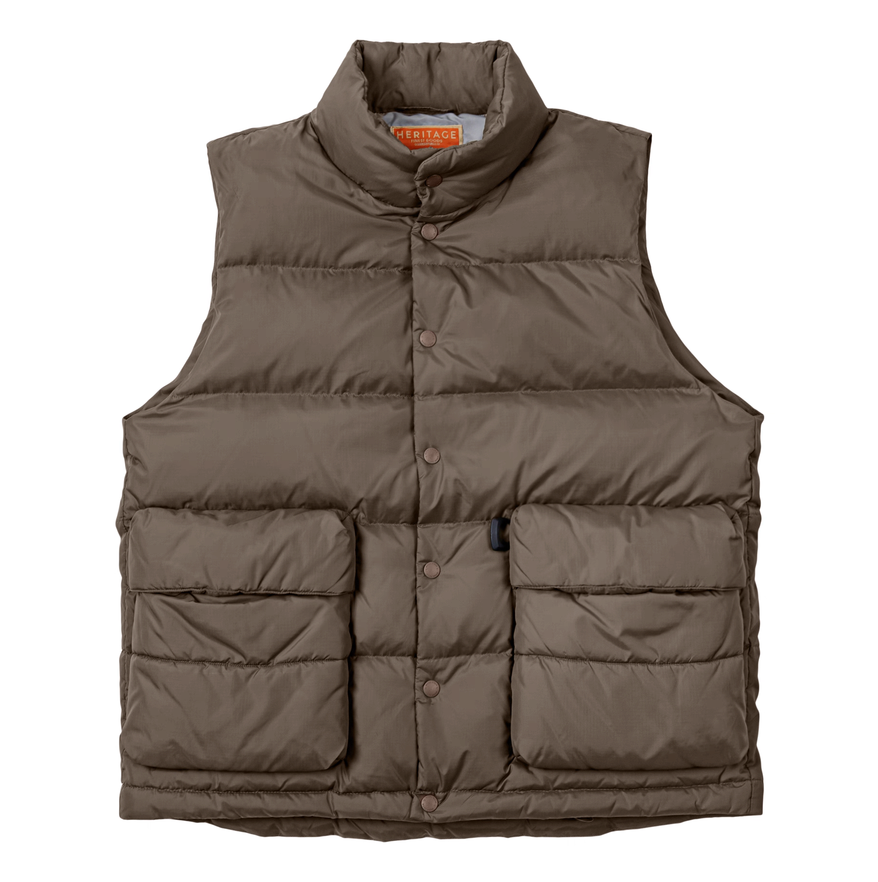 Heritage Down Vest in Mud Brown front flat lay with snap buttons and pockets