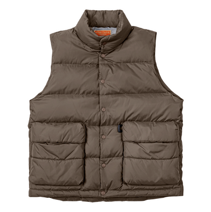 Heritage Down Vest in Mud Brown front flat lay with snap buttons and pockets