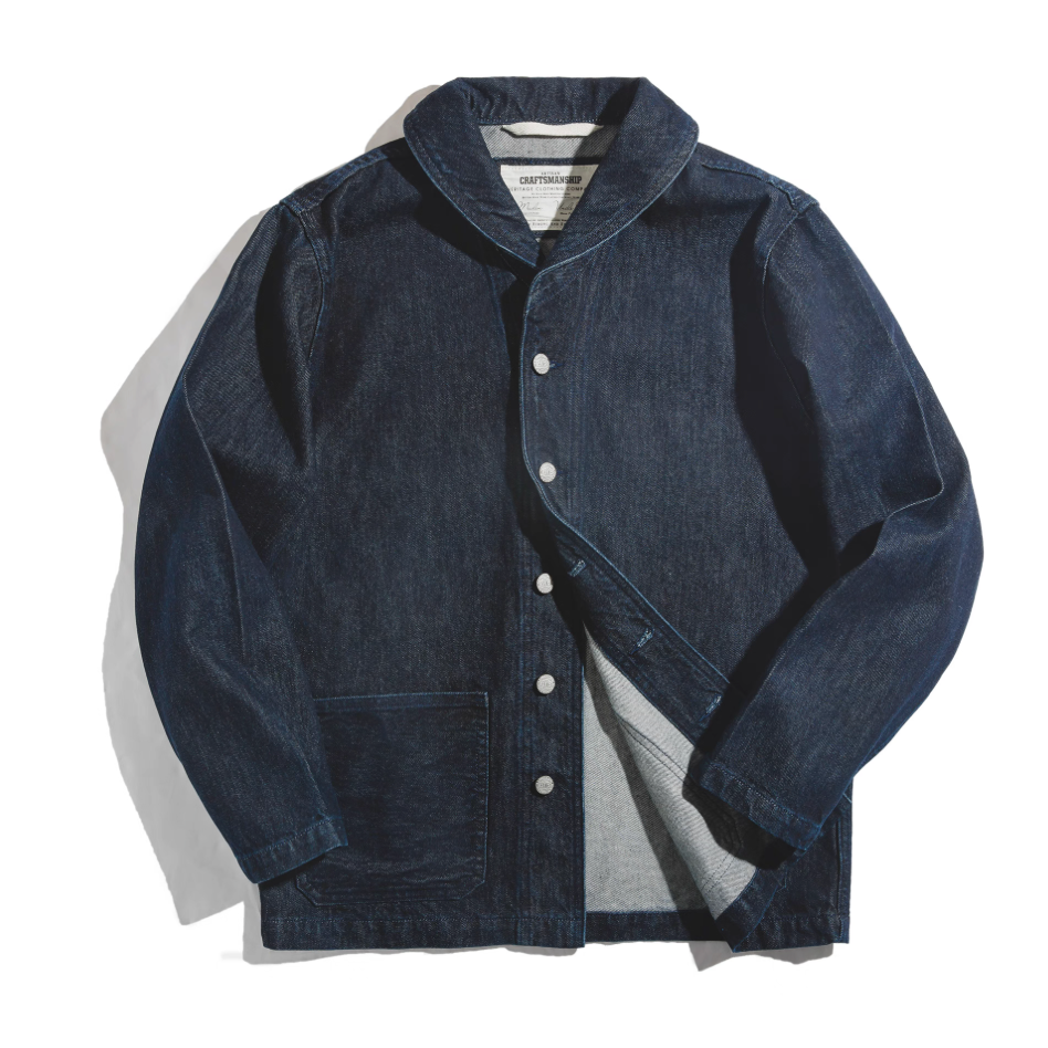 Flat lay of Heritage Shawl-Collar Denim Jacket in indigo blue