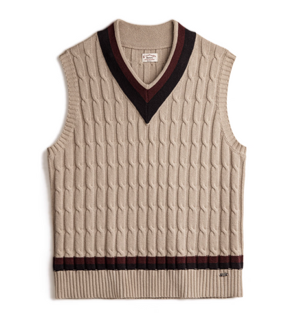Khaki Ivy-style cable knit V-neck sweater vest flat lay front view