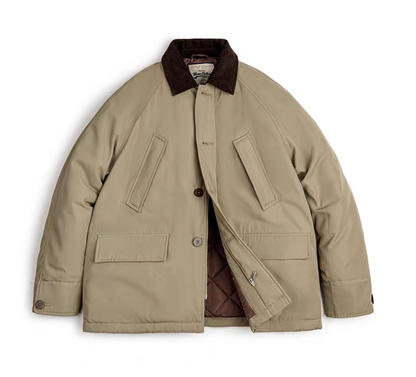 Khaki men’s safari workwear jacket flat lay showing corduroy collar and button details