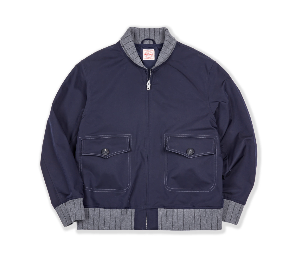 Navy A1 flight bomber jacket front view with ribbed trim