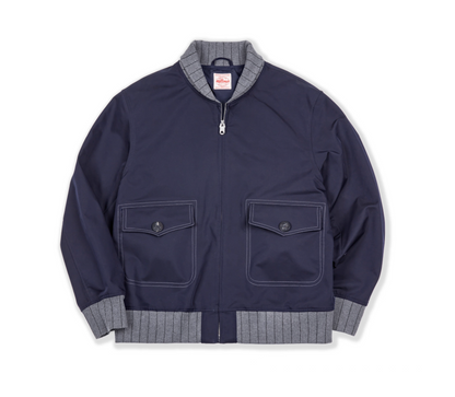 Navy A1 flight bomber jacket front view with ribbed trim