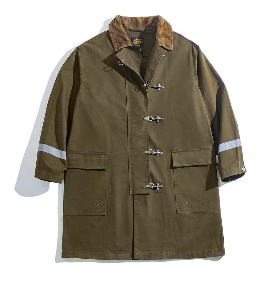 Men’s olive green workwear coat with corduroy collar and metal toggle closures, front view.