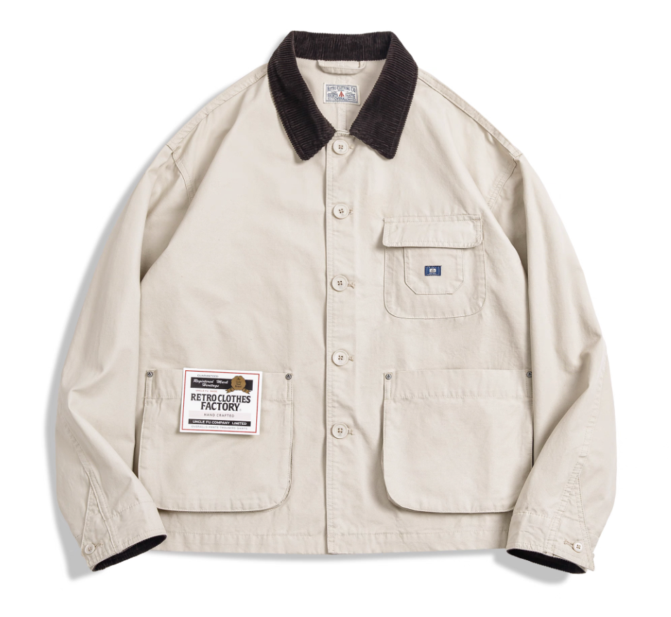 Sand Beige men’s safari canvas jacket flat lay showing corduroy collar and front pockets