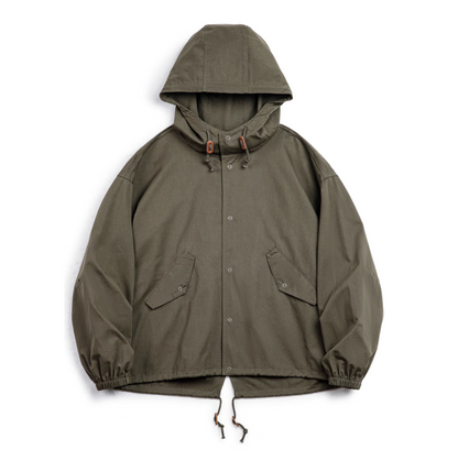 Simple M-51 Cotton Hooded Jacket flat lay showing short parka silhouette