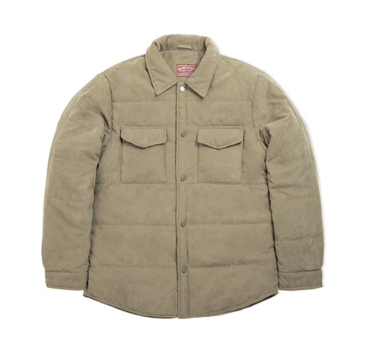 Olive Green Softshell Peached Puffer Shirt Jacket flat front view with dual flap pockets