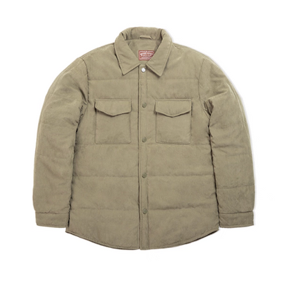 Olive Green Softshell Peached Puffer Shirt Jacket flat front view with dual flap pockets