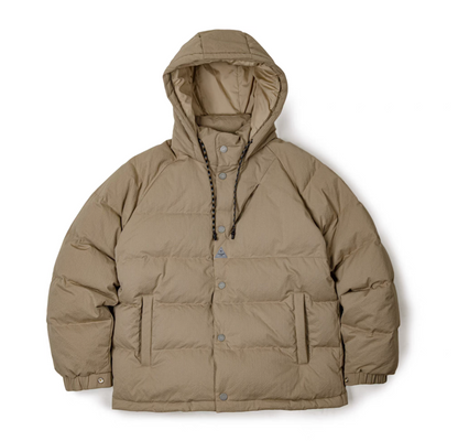 Flat lay of Urban Shield Down Puffer Jacket in khaki color showing hooded design