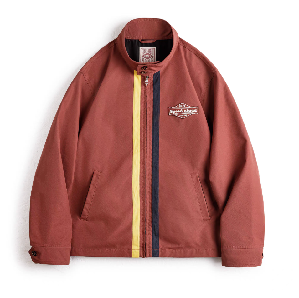 Vintage 60s Racing Jacket in brick red with yellow &amp; black stripes front view