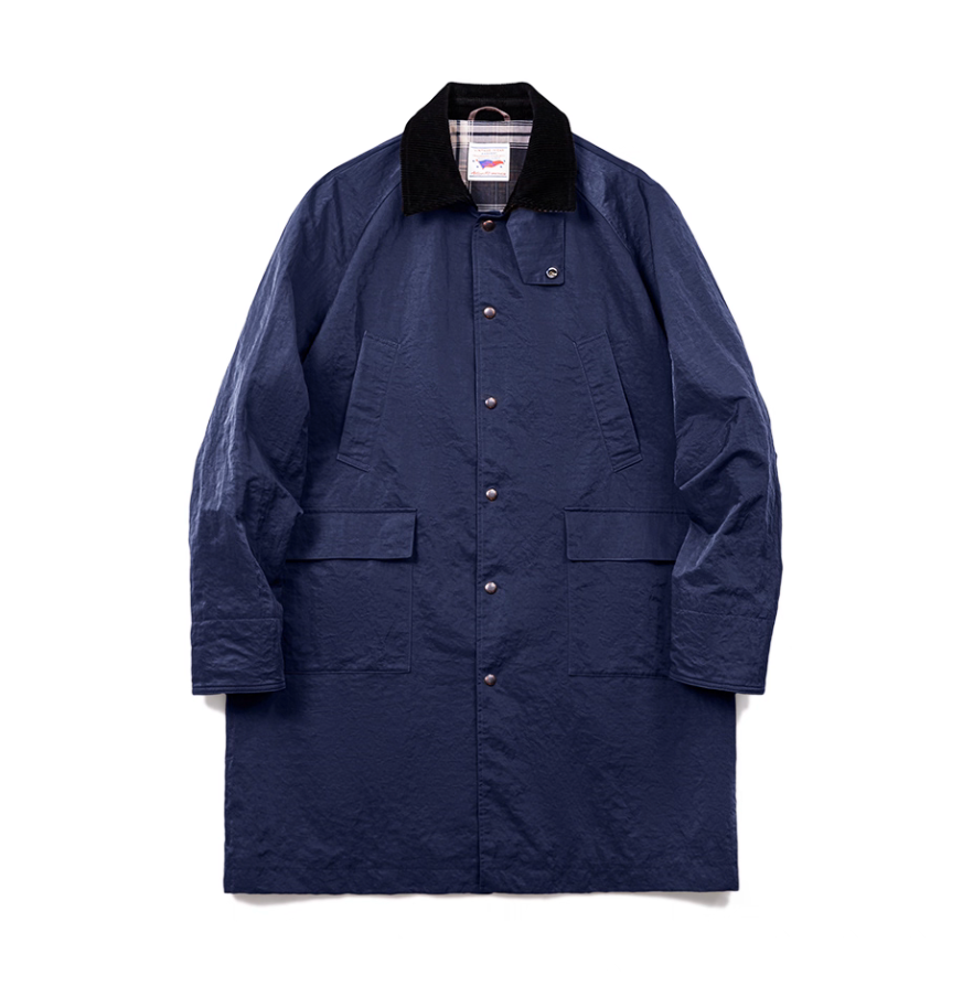 Vintage waxed field coat in navy blue with corduroy collar front view