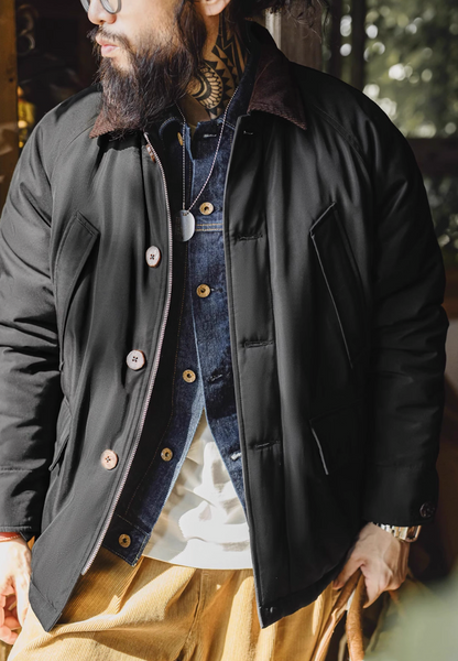 Black safari jacket outdoor lifestyle look under natural sunlight