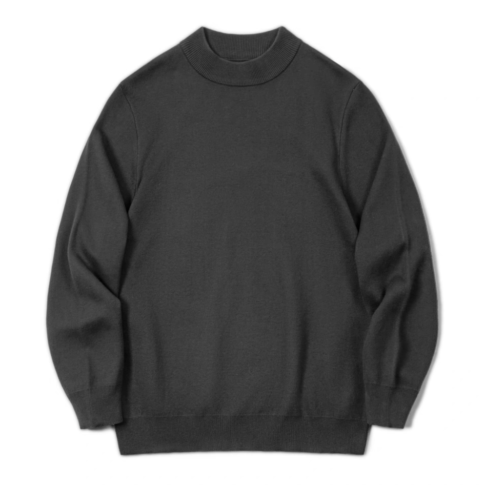 Charcoal gray men’s half-turtleneck sweater flat lay front view
